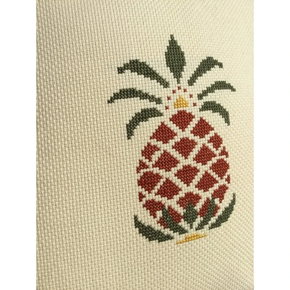 Vintage Decorative pillow‎ embroidered pineapple 13” cross-stitch floral brown